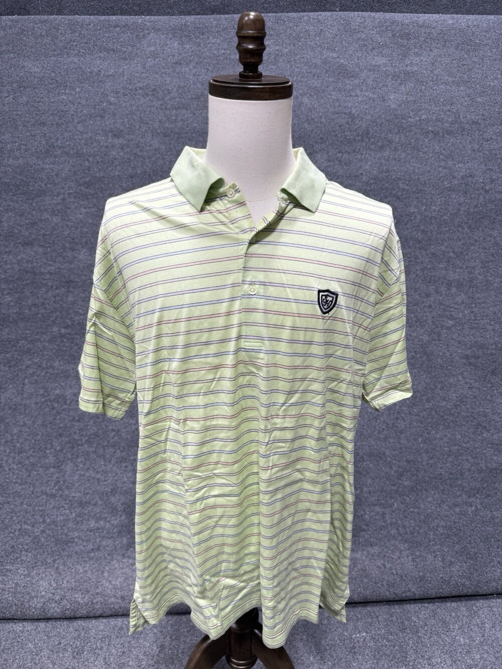 Fairway & Greene Mens XL Green Striped Golf Polo Shirt Crest Logo Pocket